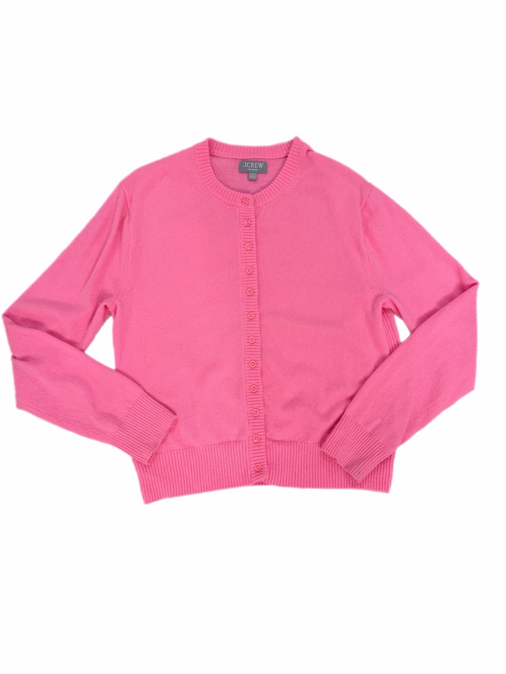 J. Crew Bright Pink Cashmere Crewneck Button-Front Cardigan - Size Medium